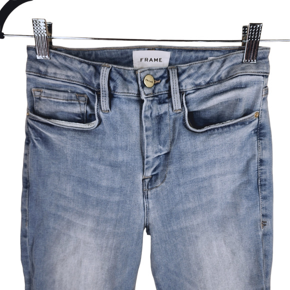Frame Le One Skinny 26 / 1 Women Light Blue Faded Raw Hem‎ Whiskering Stretch - Picture 3 of 11